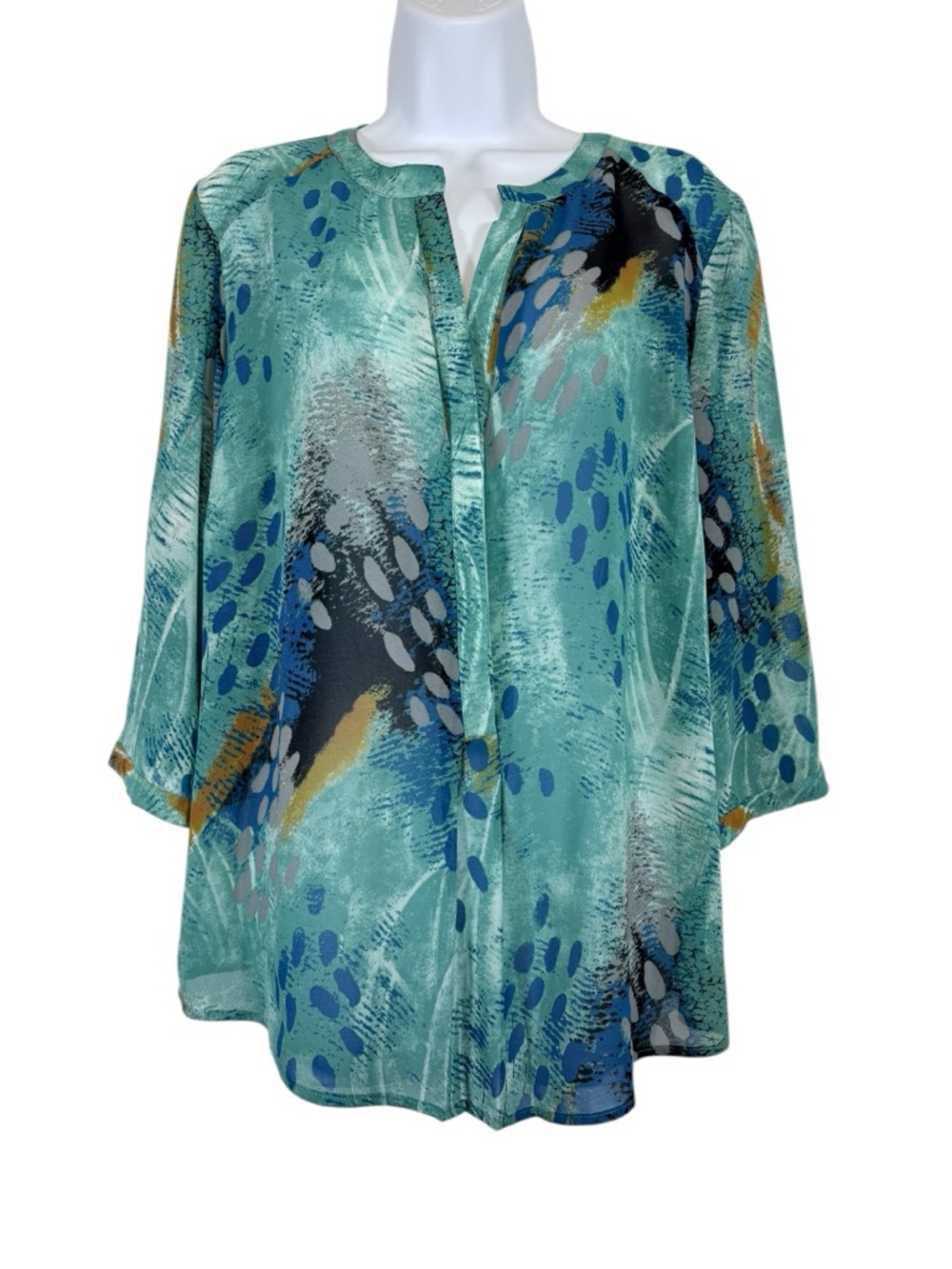 Ambria Collection Abstract Print Blouse Teal Blue Tunic Top 3/4 Sleeve Flowy